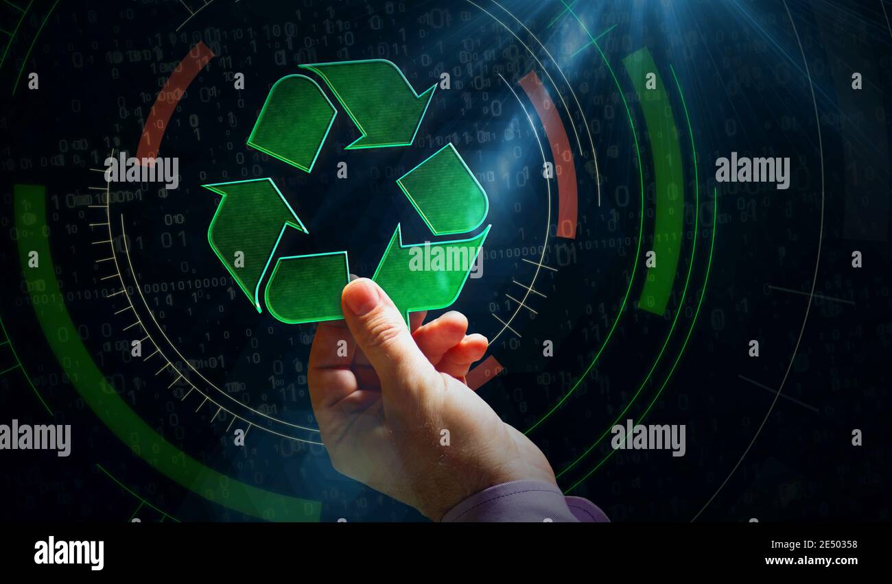 Símbolo de reciclaje, medio ambiente, ecología, reducción de residuos electrónicos, tecnología verde e icono de la industria. Ilustración de representación en 3d del concepto de símbolo abstracto. Foto de stock