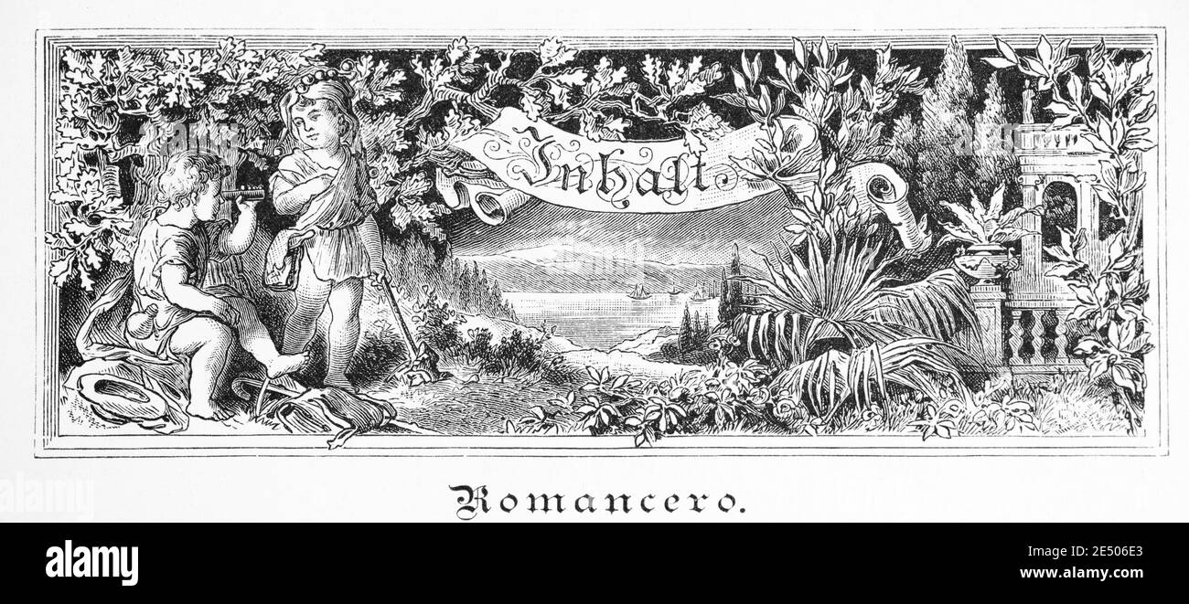 Grabado ornamental Introducción al Contenido o Inhhalt del libro , escritor y poeta alemán Heinrich Heine, colección de poemas Romancero, 1880 Foto de stock