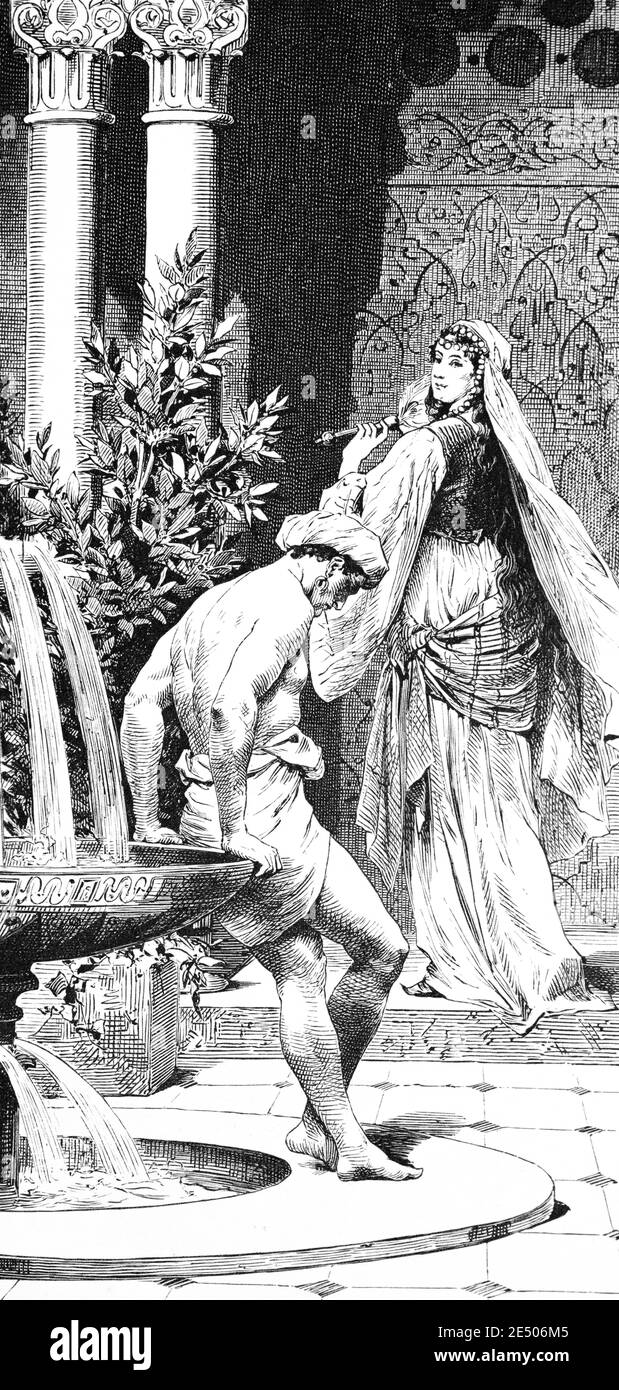 Ilustración del poema de Heine´s 'ser Asra' o el Asra sobre´s una hija del Sultán, escritor y poeta alemán Heinrich Heine, colección de poemas Romancero, 1880 Foto de stock