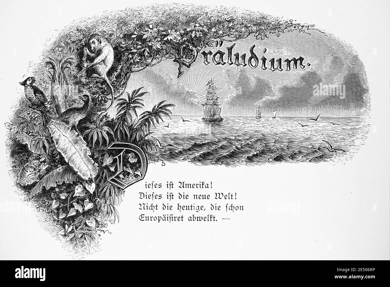 Ilustración de Heine´s poema 'Präludium' o Prelude sobre el nuevo mundo América, escritor y poeta alemán Heinrich Heine, colección de poemas Romancero,1880 Foto de stock