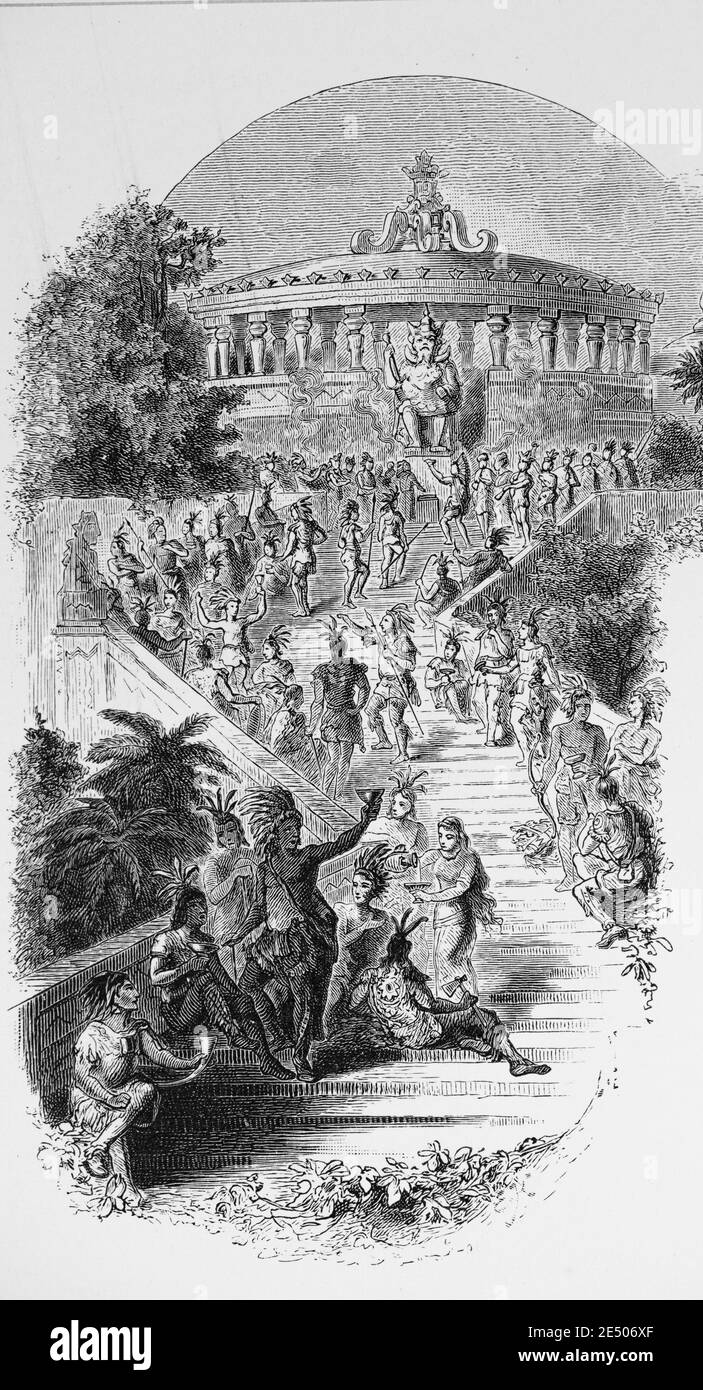 Ilustración de Heine´s poema 'Vitzliputzli' o Huītzilōpōchtli, una deidad en la mitología azteca, poeta alemán H.Heine, colección de poemas Romancero, 1880 Foto de stock