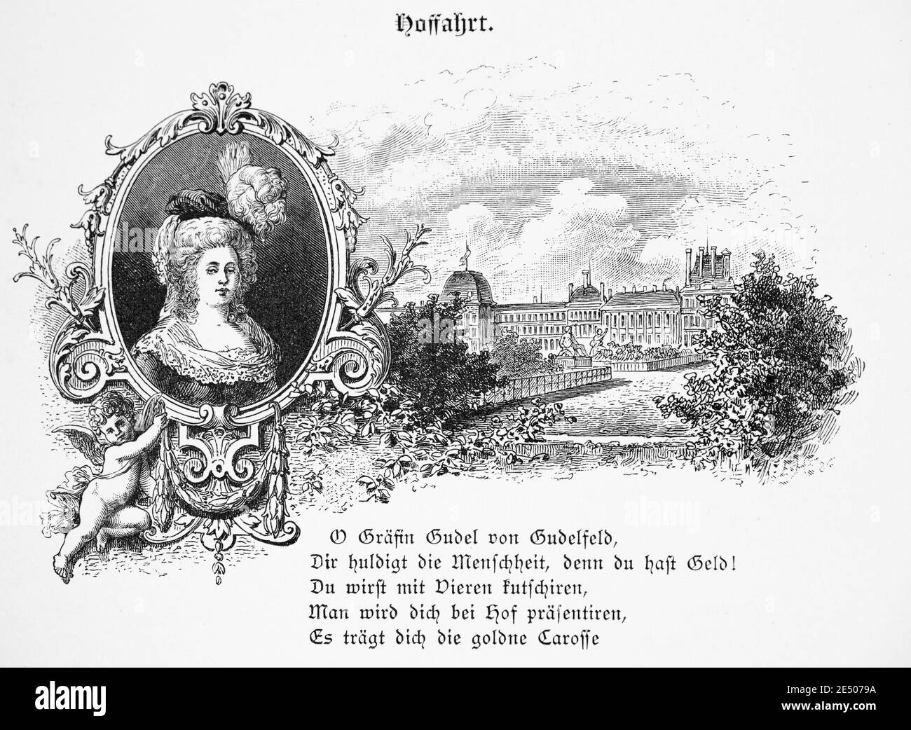 Ilustración de Heine´s poema 'Hoffahrt' sobre la condesa von Gudelfeld, escritor y poeta alemán Heinrich Heine, colección de poemas Romancero, 1880 Foto de stock