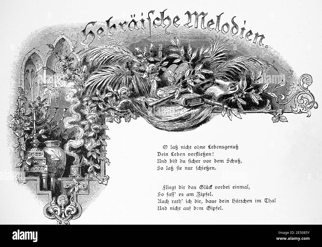Ilustración de Heine´s poema 'Hegräische Melodien' o melodías hebreas, escritor y poeta alemán Heinrich Heine, colección de poemas Romancero, 1880 Foto de stock
