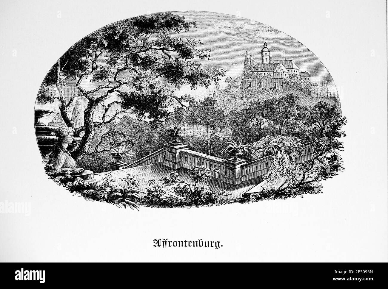 Ilustración del poema artístico de Heine´s Affrontenburg sobre un castillo y sus jardines, poeta alemán Heinrich Heine, colección de poemas Romancero, 1880 Foto de stock