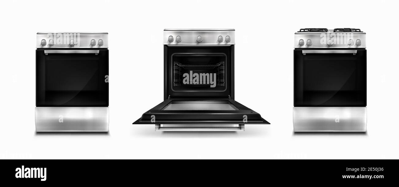 Cocina de gas y panel de inducción con horno eléctrico con puerta abierta y  cerrada aislada sobre fondo blanco. Vector realista conjunto de cocina de  metal cocina vista frontal Imagen Vector de