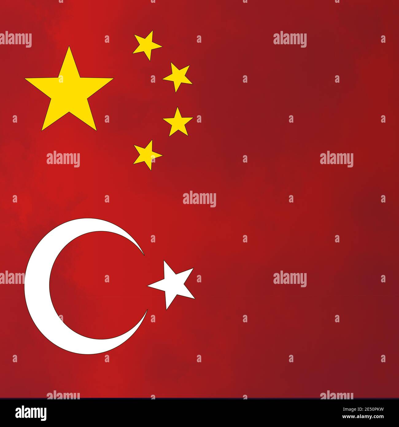 El logo de la bandera turca de una media luna blanca y una estrella con la  gran estrella dorada y cuatro pequeñas estrellas de La bandera China sobre  un fondo rojo Fotografía
