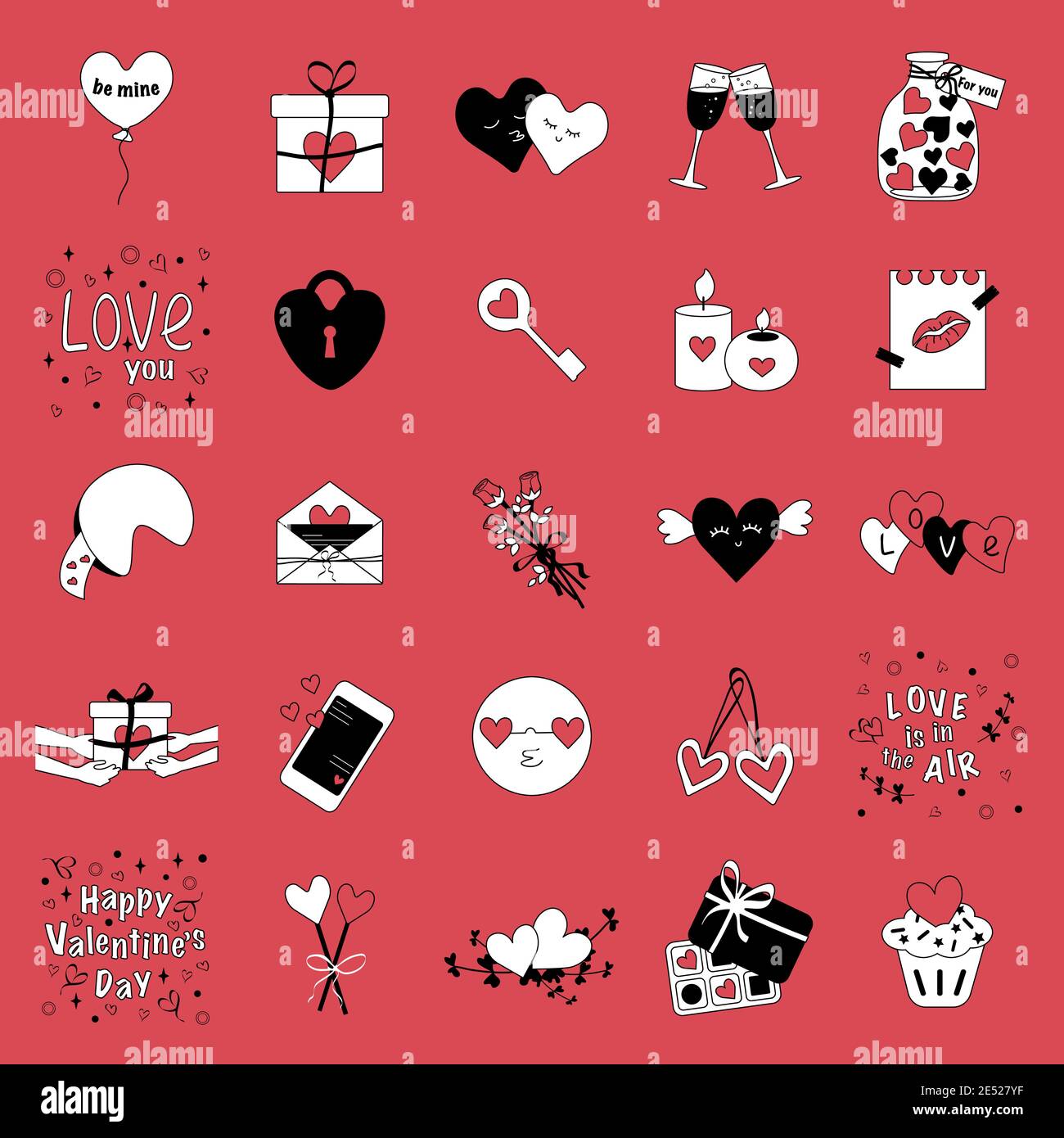 Los iconos del día de San Valentín están en colores multinacionales de moda rojo-blanco-negro Ilustración del Vector