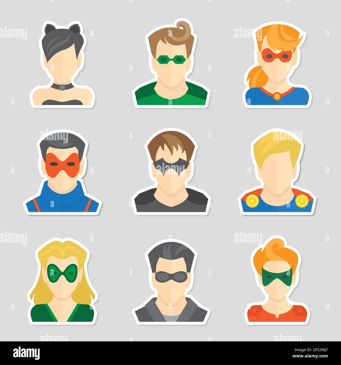 Conjunto de personajes cómicos superhéroes iconos avatar en estilo de  pegatina ilustración vectorial Imagen Vector de stock - Alamy