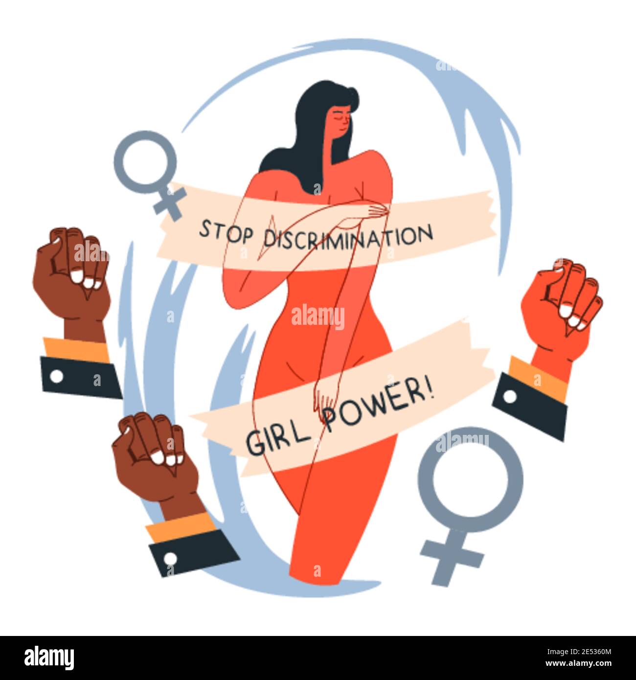 Detener la discriminación el poder de las niñas, el movimiento del feminismo Ilustración del Vector
