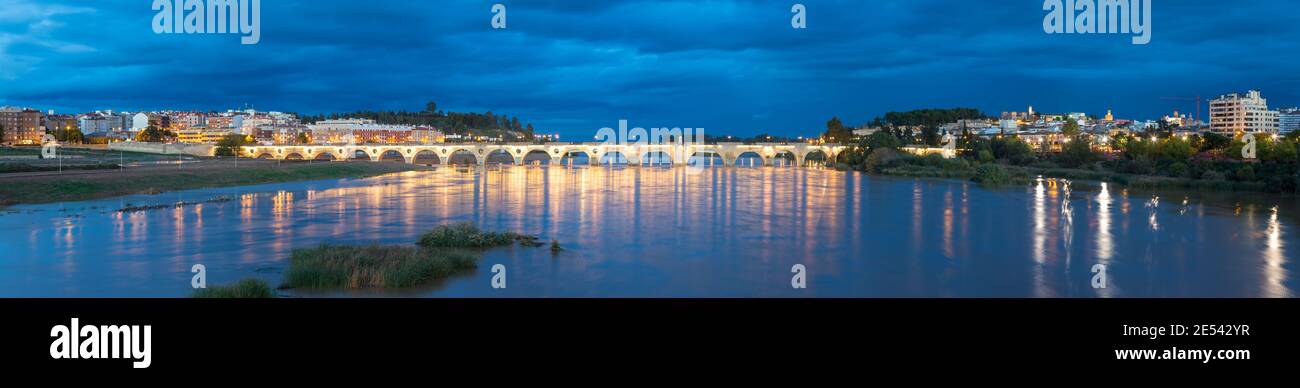 Vista panorámica nocturna del puente de palmeras en Badajoz Foto de stock