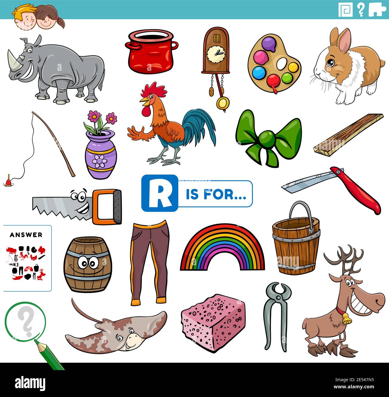 Ilustración de dibujos animados de encontrar imágenes comenzando con la  letra R educativa hoja de trabajo de tareas para niños con objetos y  personajes cómicos Imagen Vector de stock - Alamy