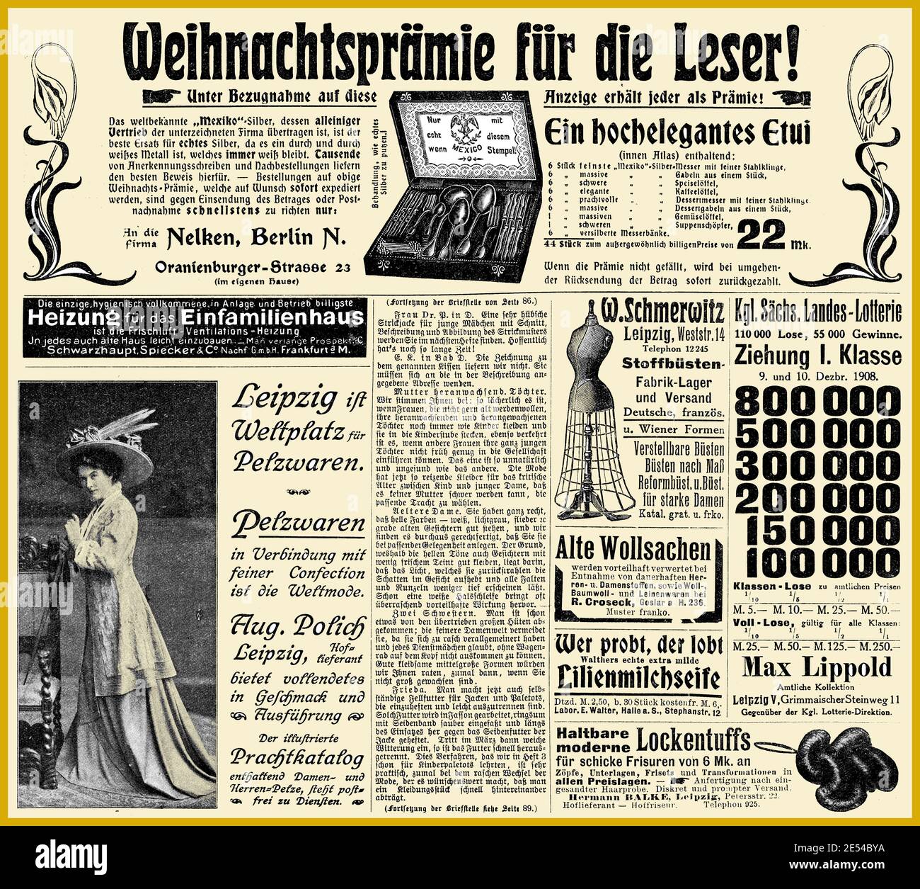 Página de publicidad comercial en alemán con muchos banners de promoción y. Viñetas de 1908 de la revista Deutsche Moden Zeitung Foto de stock