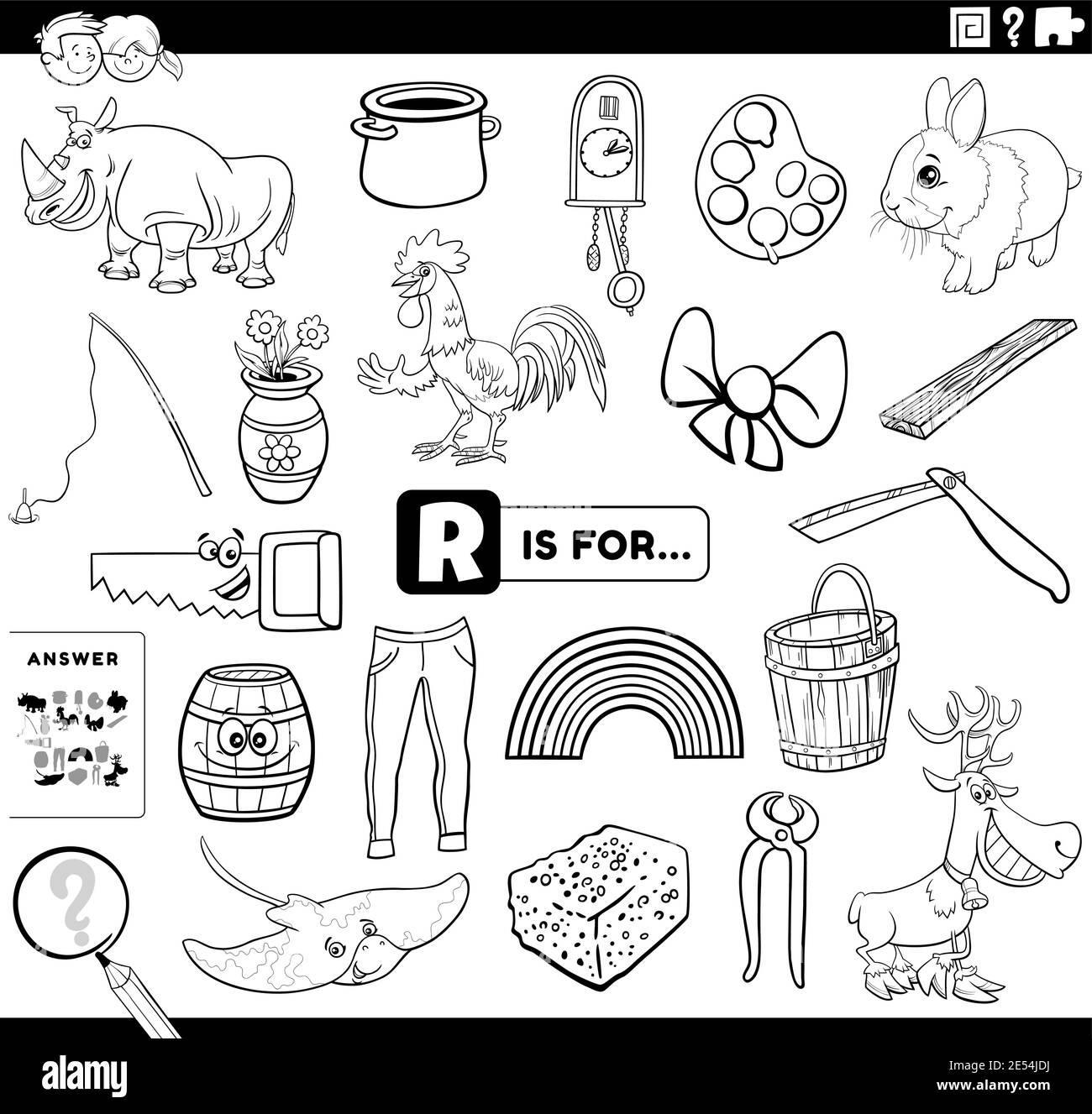 Dibujo de dibujos animados en blanco y negro de encontrar imágenes a partir  de Hoja de trabajo de tareas educativas de la letra R para niños con  objetos y. cómic Imagen Vector
