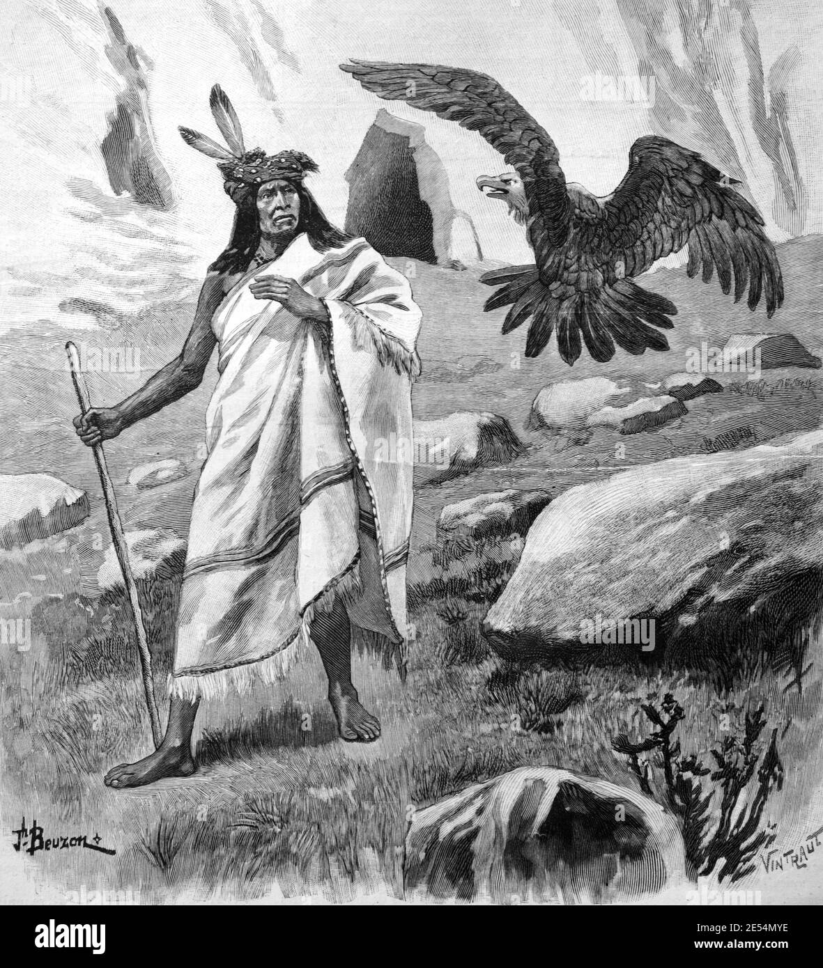 Eagle Foradvierten una tormenta al indio Pima o nativo americano En Arizona Estados Unidos o EE.UU. 1904 Vintage Illustration o. Grabado Foto de stock