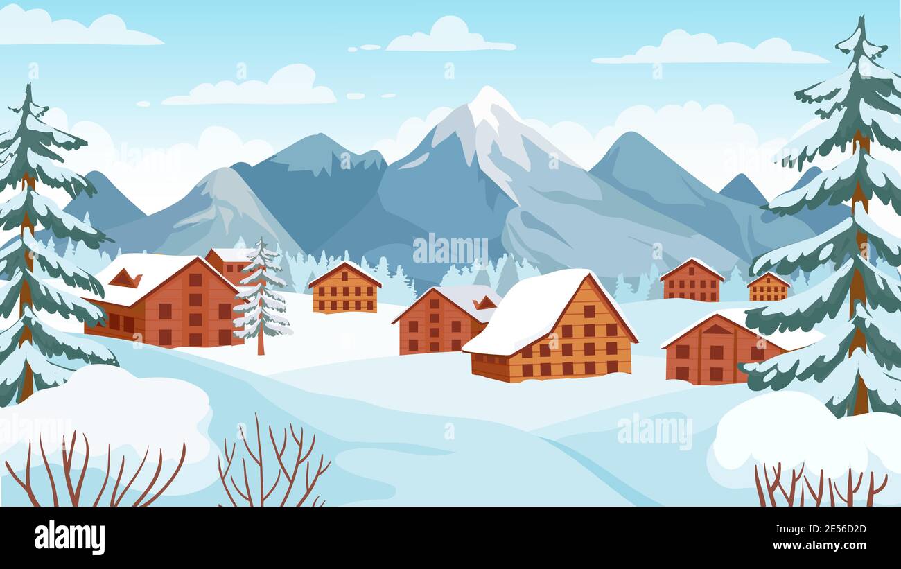 Montaña de invierno con cabañas. Casas en picos nevados alpinos para  vacaciones en invierno. Paisaje de dibujos animados de esquí vector  concepto Imagen Vector de stock - Alamy