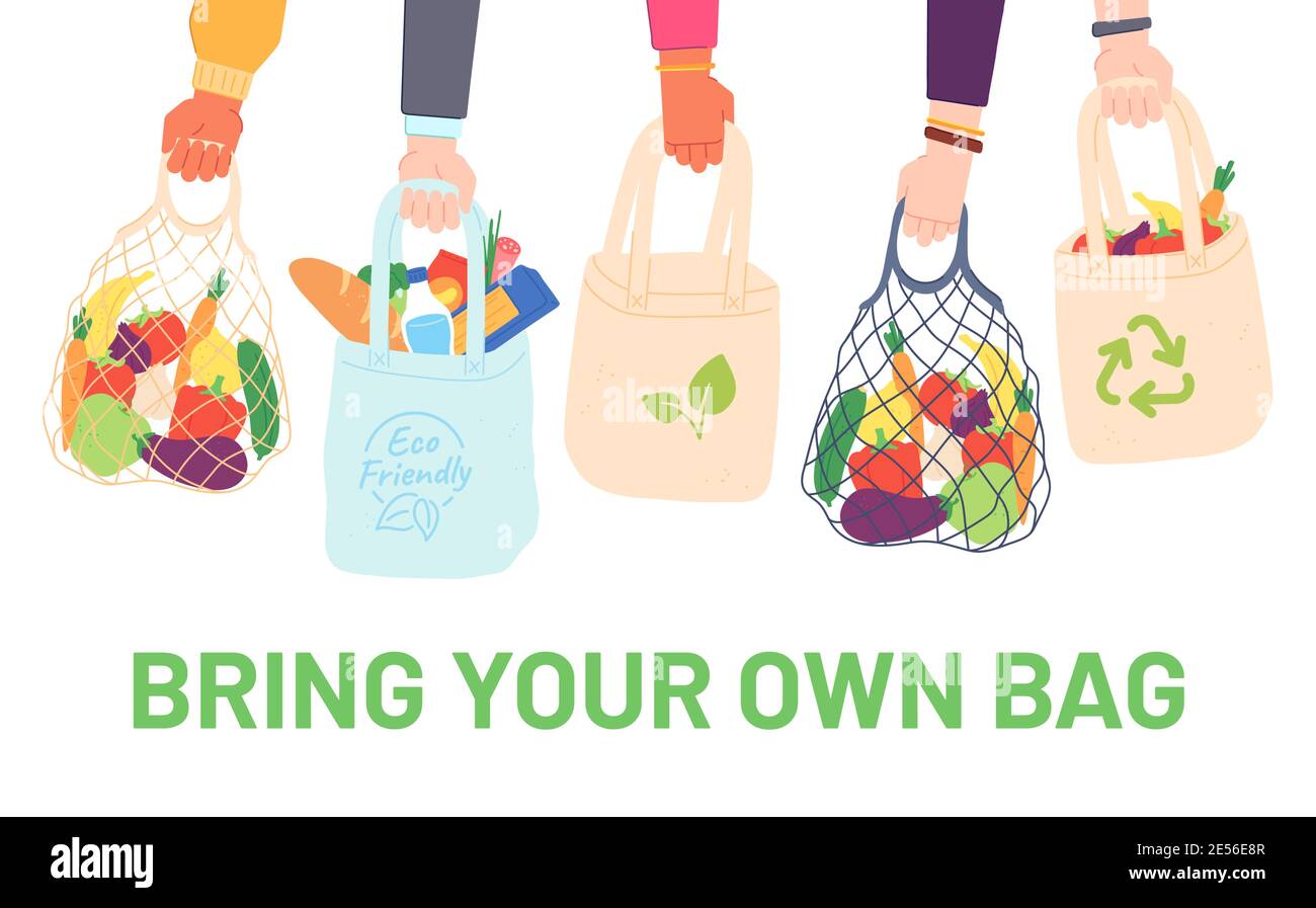Las manos sostienen bolsas ecológicas. La gente trae su propia bolsa para  el supermercado. Paquete libre de plástico reutilizable con comida. Cero  residuos de productos para el concepto de vector de compras