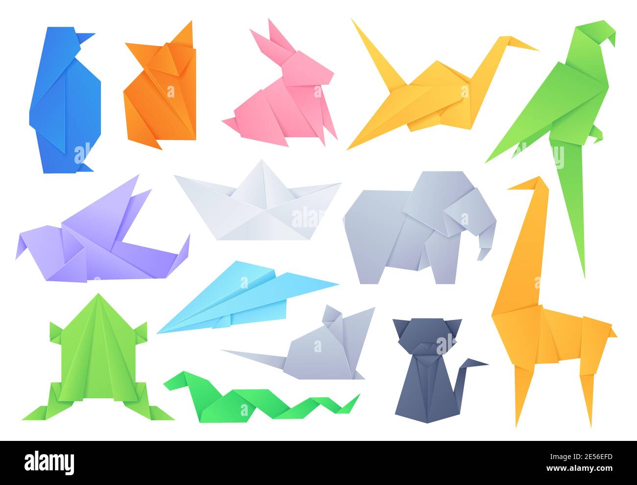 Animales de origami. Formas geométricas plegadas para barco de papel de juego japonés y avión, grúa, pájaros, gato, elefante y conejo. Crafting hobby vector Set Ilustración del Vector
