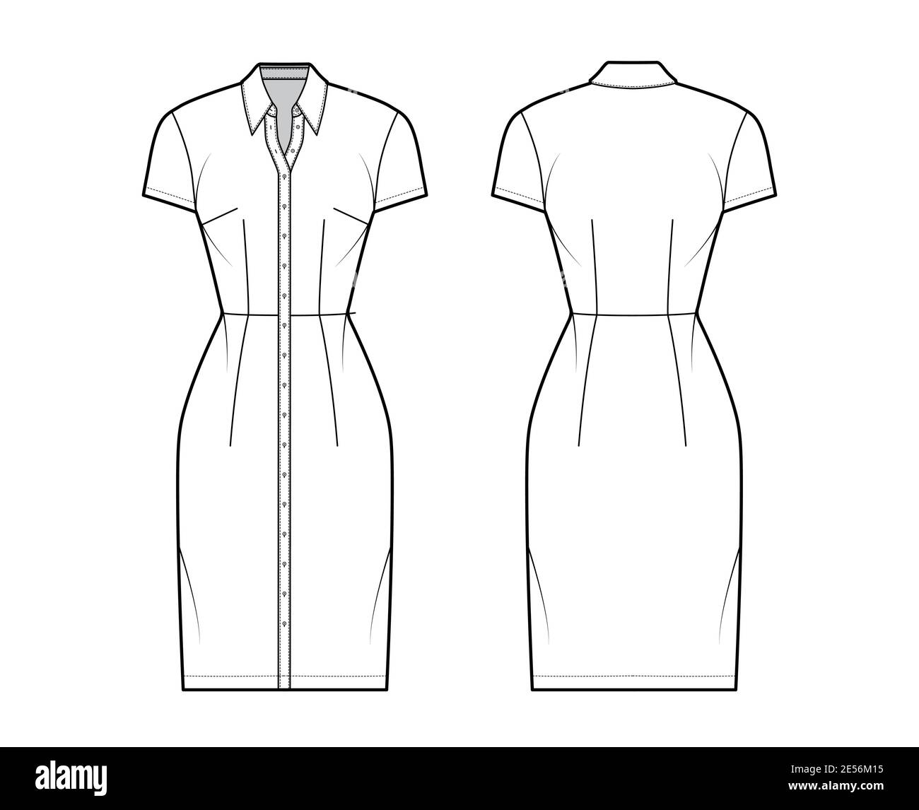Camisa vestido técnica ilustración de moda con cuello clásico regular, longitud de la rodilla, cuerpo ajustado, manga corta, botón arriba. Plantilla de indumentaria plana en la parte delantera, trasera, color blanco. Mujeres, Camisa vestido técnica ilustración de moda con cuello clásico regular, longitud de la rodilla, cuerpo ajustado, manga corta, botón arriba. Plantilla de indumentaria plana en la parte delantera, trasera, color blanco. Mujeres,