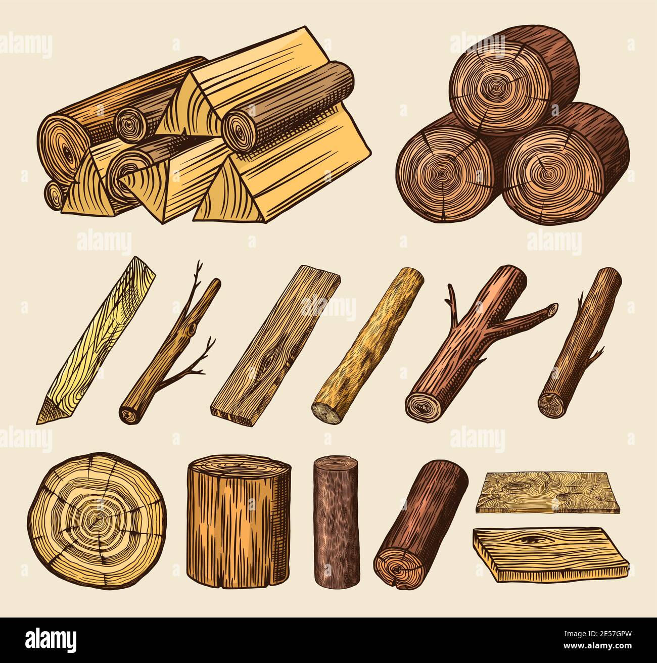 Juego de madera. Tablas y troncos, madera aserrada y cortes, Leña en