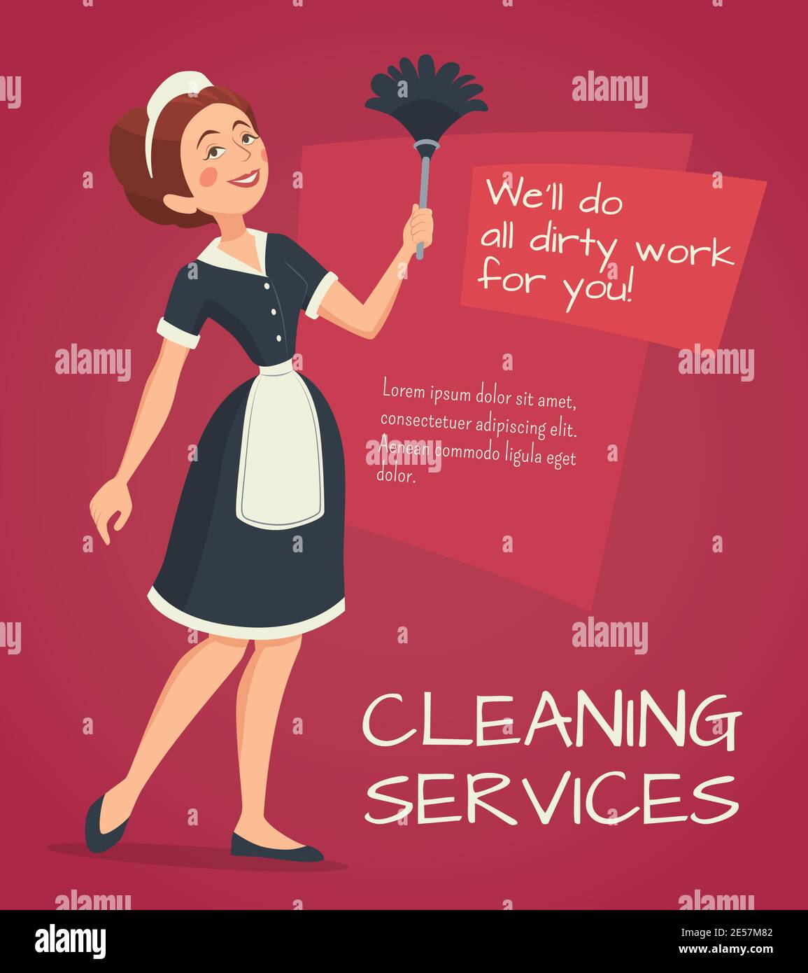 Anuncio de servicio de limpieza con mujer de limpieza en vestido de dama  clásico ilustración vectorial de dibujos animados Imagen Vector de stock -  Alamy