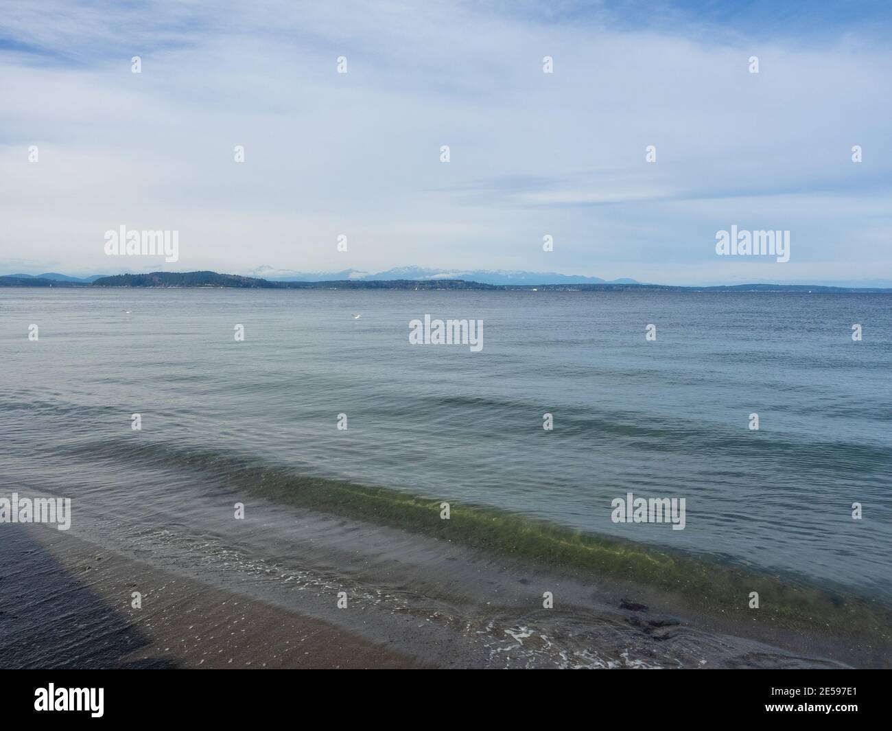 Alki Beach Park es un parque de 135.9 hectáreas (55.0 acres) situado en el barrio de Seattle, Washington, que consiste en la playa Elliott Bay Foto de stock