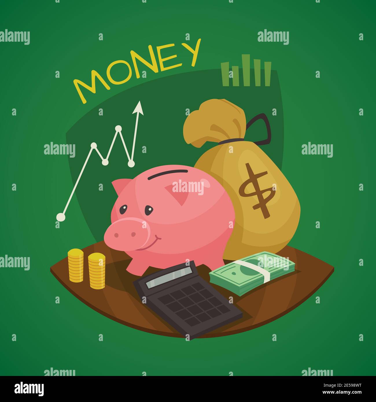 Concepto retro de negocios con estilo de dibujos animados con banco de piggy calculadora y bolsa de dinero vector ilustración Ilustración del Vector