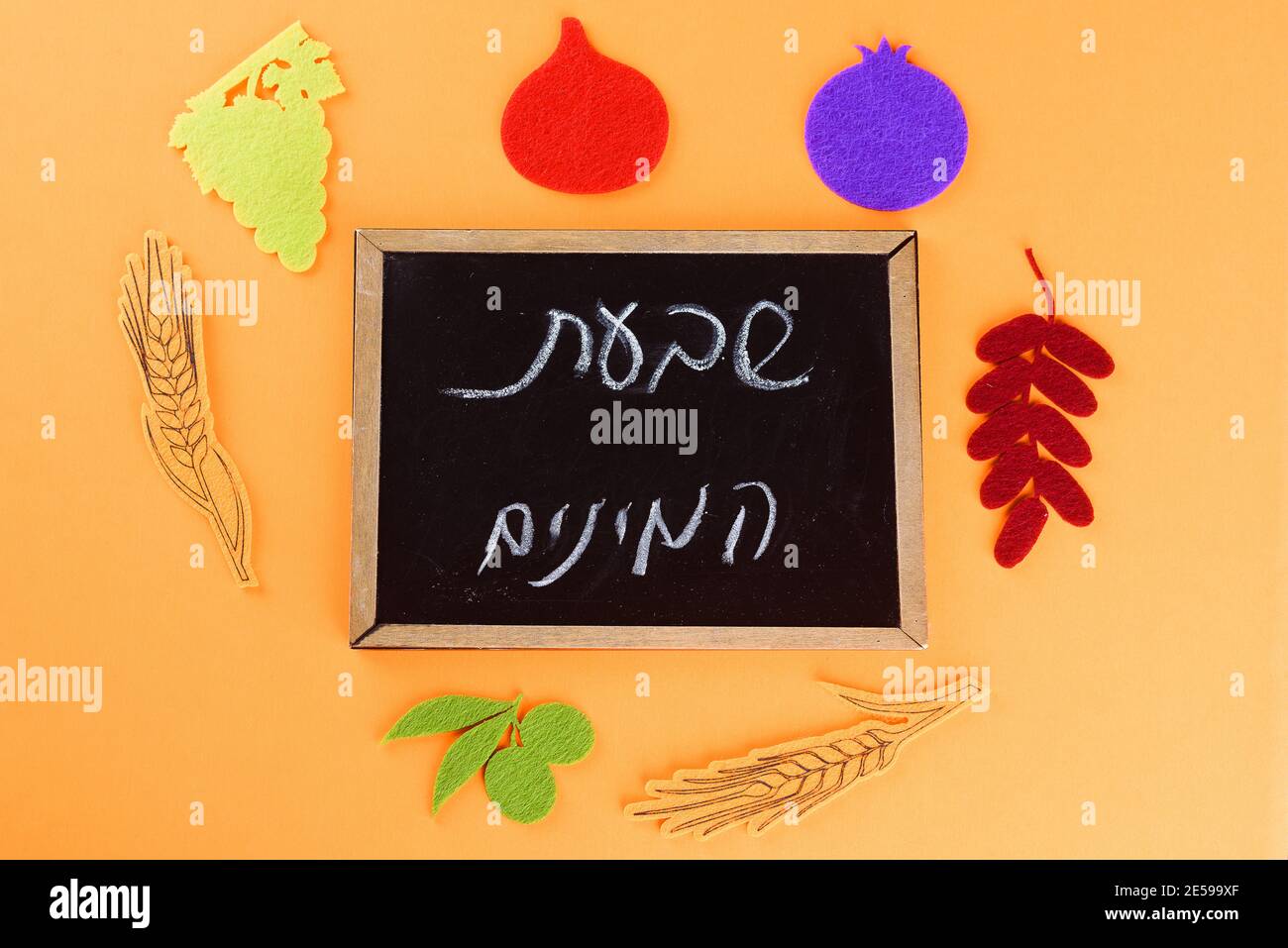 Texto hebreo: Siete especies. Las siete especies se comen tradicionalmente en las fiestas judías tu Bishvat, Sukkot y siete especies son ingredientes importantes en la cocina israelí Fotografía de stock - Texto hebreo: Siete especies. Las siete especies se comen tradicionalmente en las fiestas judías tu Bishvat, Sukkot y siete especies son ingredientes importantes en la cocina israelí Fotografía de stock -