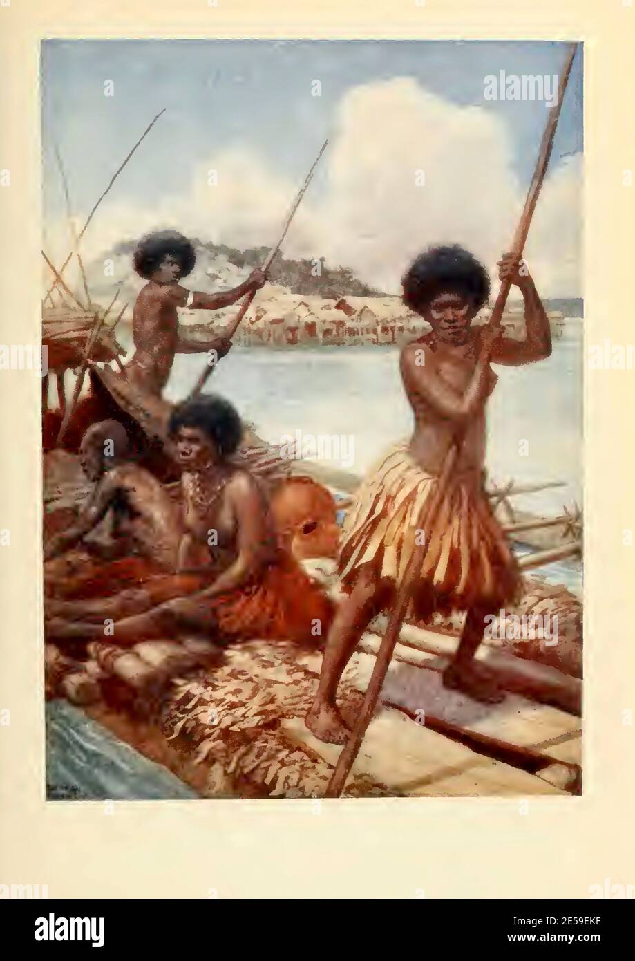 Norman Hardy pintura de los nativos de Nueva guinea en una balsa fuera al mercado. Foto de stock