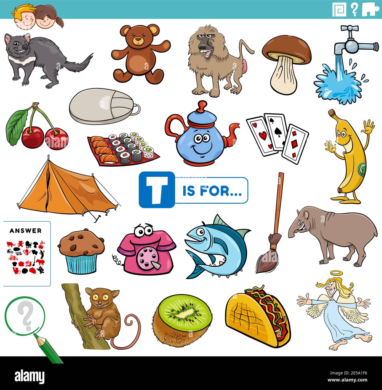 Ilustración de dibujos animados de encontrar imágenes comenzando con la  letra T educativa hoja de trabajo de tareas para niños con objetos y  personajes cómicos Imagen Vector de stock - Alamy