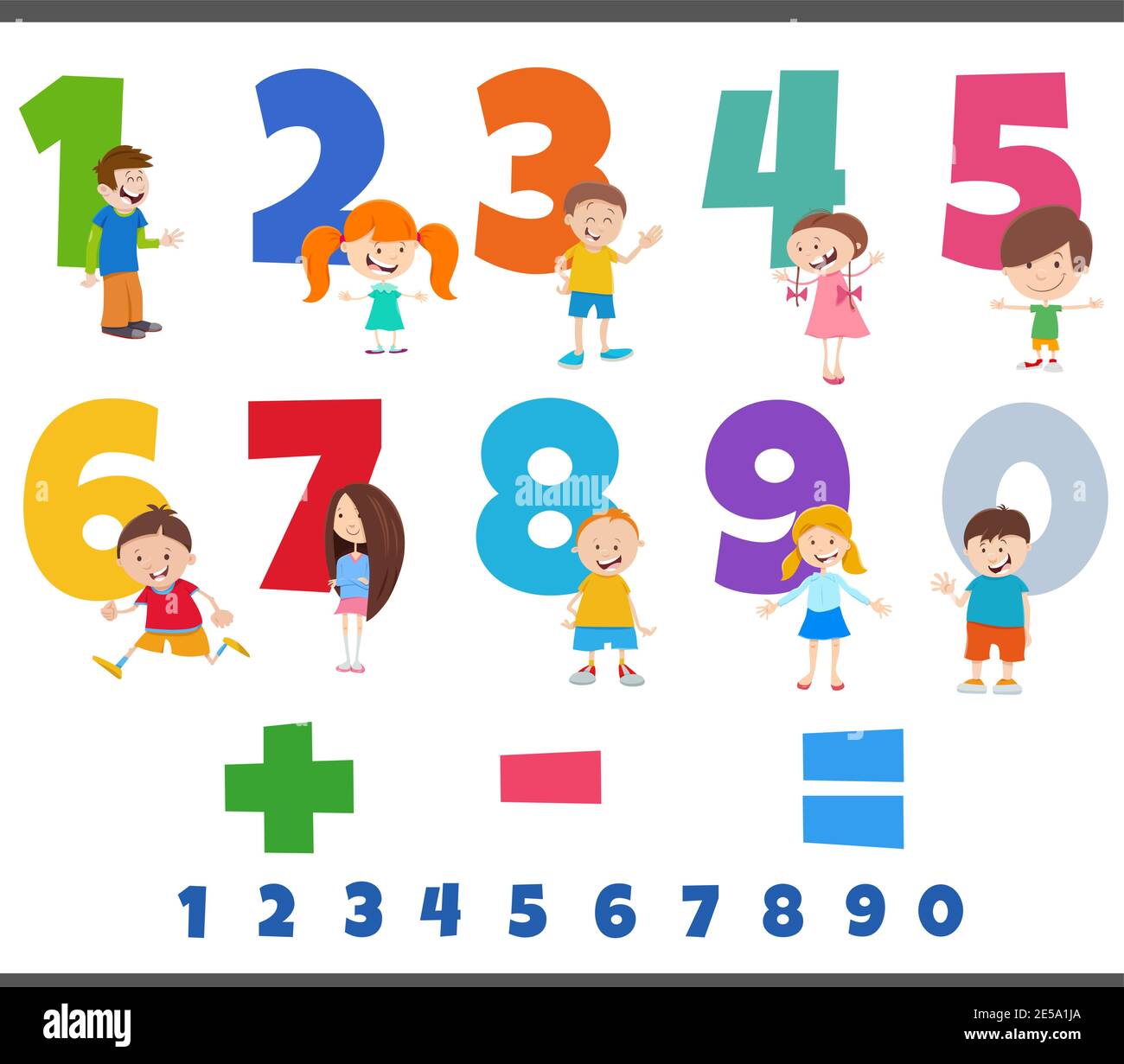 Ilustración de dibujos animados de números educativos establecidos de uno a  nueve con los personajes felices de los niños Imagen Vector de stock - Alamy