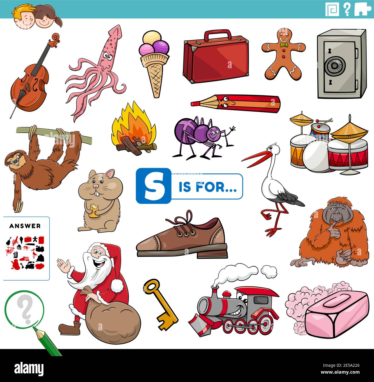 Ilustración de dibujos animados de encontrar imágenes comenzando con la letra  S educativa hoja de trabajo de tareas para niños con objetos y personajes  cómicos Imagen Vector de stock - Alamy