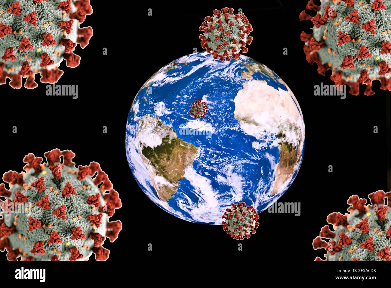 Ataque a la tierra con coronavirus, fotomontaje, Alemania Foto de stock