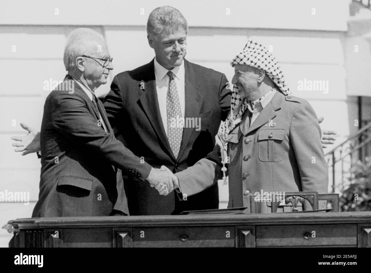yasser arafat, bill clinton, yitzhak rabin, 1993 Foto de stock