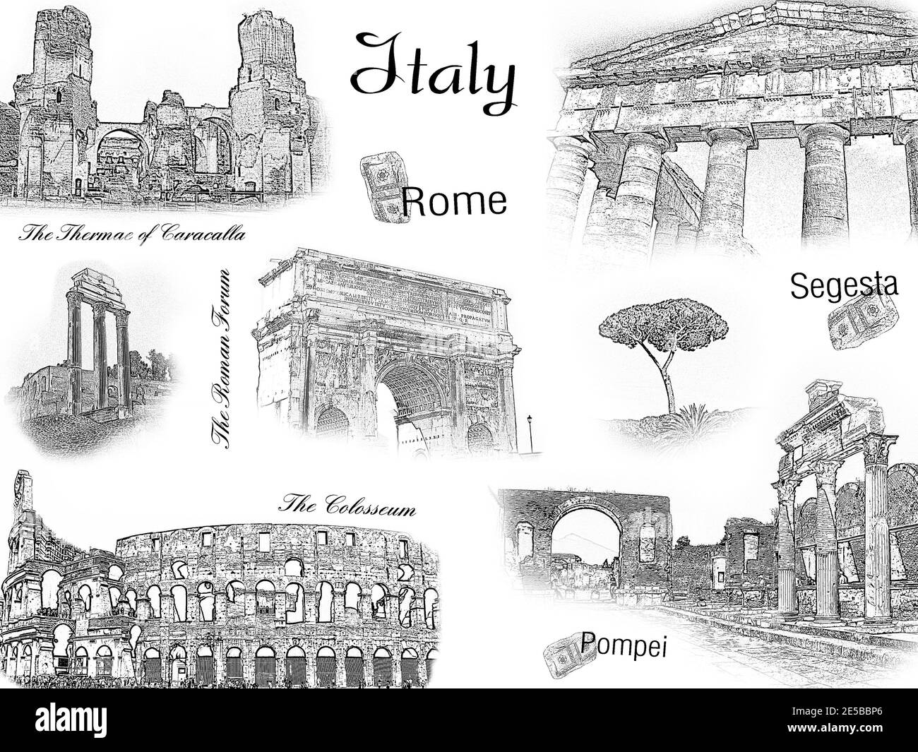 Monumentos antiguos de las ciudades de Roma, Pompeya, Segesta. Monumentos turísticos italianos: El Foro Romano, la Termas de Caracalla, el Coliseo. Concepto de viaje Foto de stock