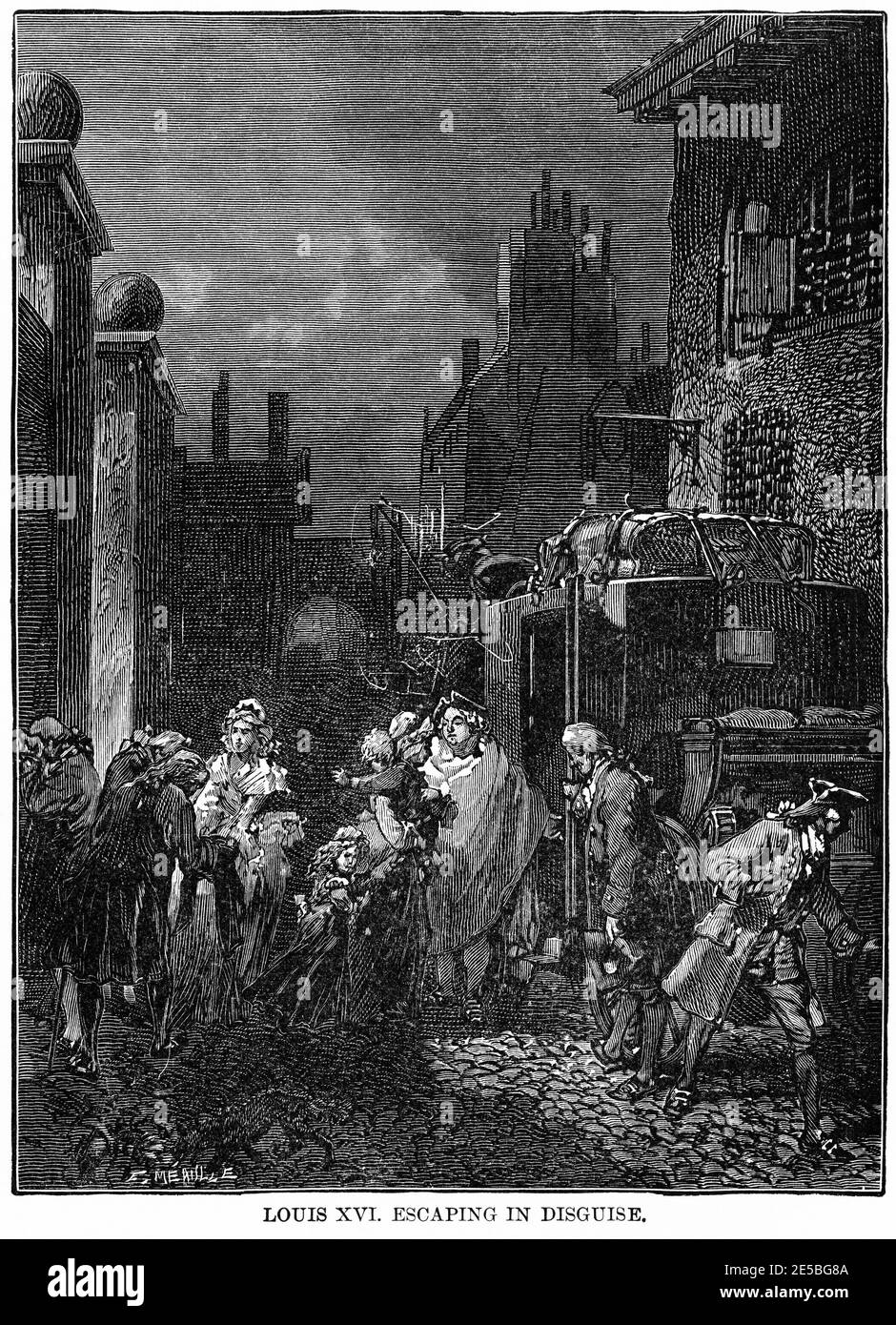 Louis XVI, escapando en Disguise, Ilustración, Historia del Mundo de Ridpath, volumen III, por John Clark Ridpath, LL. D., Merrill & Baker Publishers, Nueva York, 1897 Foto de stock