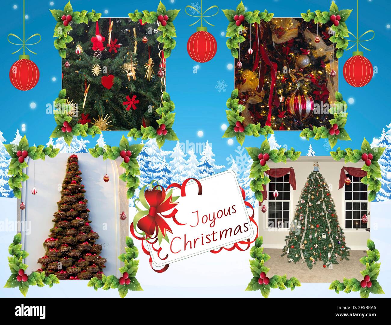 Collage de Navidad, 4 árboles decorados, luces, fotos, vacaciones, estacional, colorido, ornamentos, alegre texto de Navidad, palabras, PR Foto de stock