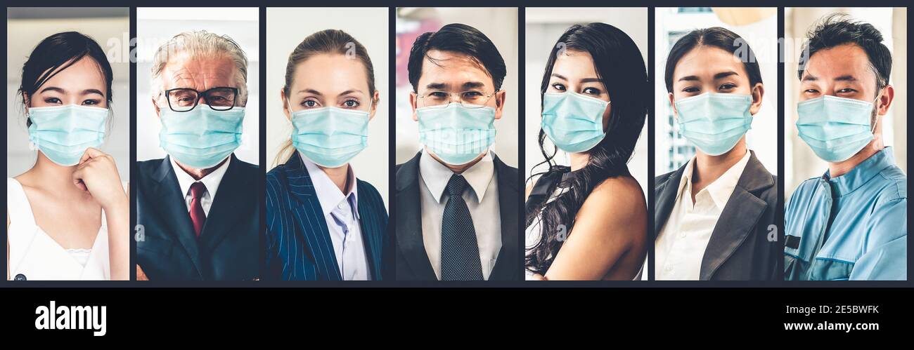 Diversas personas con máscara facial protegida contra el Coronavirus o COVID-19 foto conjunto en concepto de banner de la persona que lucha contra la enfermedad del coronavirus 2019 COVID-19 Foto de stock