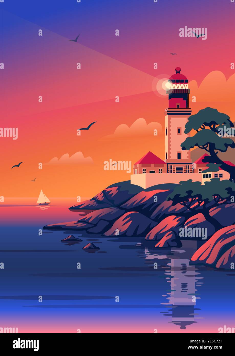 Faro - paisaje vectorial. Paisaje marino con faro en la playa al atardecer. Ilustración vectorial en estilo de dibujos animados planos Imagen Vector de stock - Alamy Faro - paisaje vectorial. Paisaje marino con faro en la playa al atardecer. Ilustración vectorial en estilo de dibujos animados planos Imagen Vector de stock - Alamy