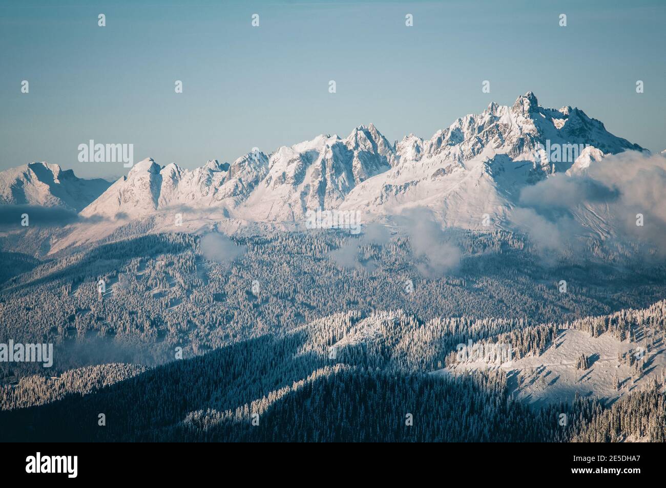 Bosque cubierto de nieve y paisaje de montaña, Salzburgo, Austria Foto de stock