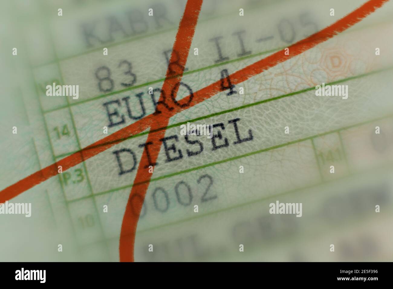 Licencia de automóvil con marcador rojo tachado, coche sin valor por el escándalo del diesel, coches de pasajeros, diesel Euro 4, la conducción se prohíbe en citi alemán Foto de stock