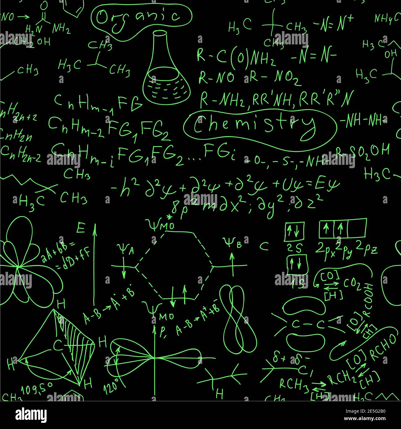 Sin costuras fórmulas de química orgánica escrito a mano verde brillo fondo  en una ilustración de vector de pizarra. Todas las fórmulas son correctas  Imagen Vector de stock - Alamy