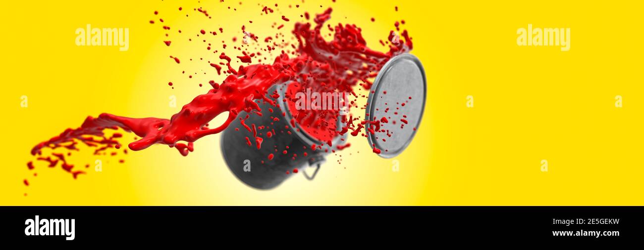Pintura roja vibrante que sale de una lata en un presentación 3d de fondo amarillo Foto de stock