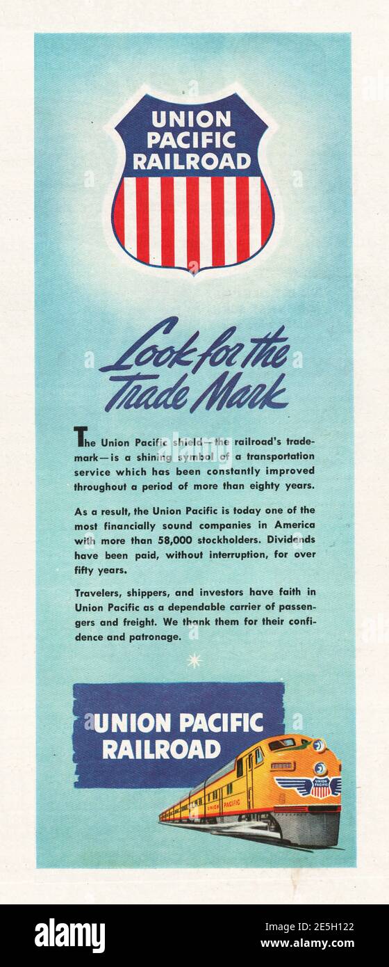 1950 EE.UU. Magazine Unión Pacific Railroads Anuncio Foto de stock