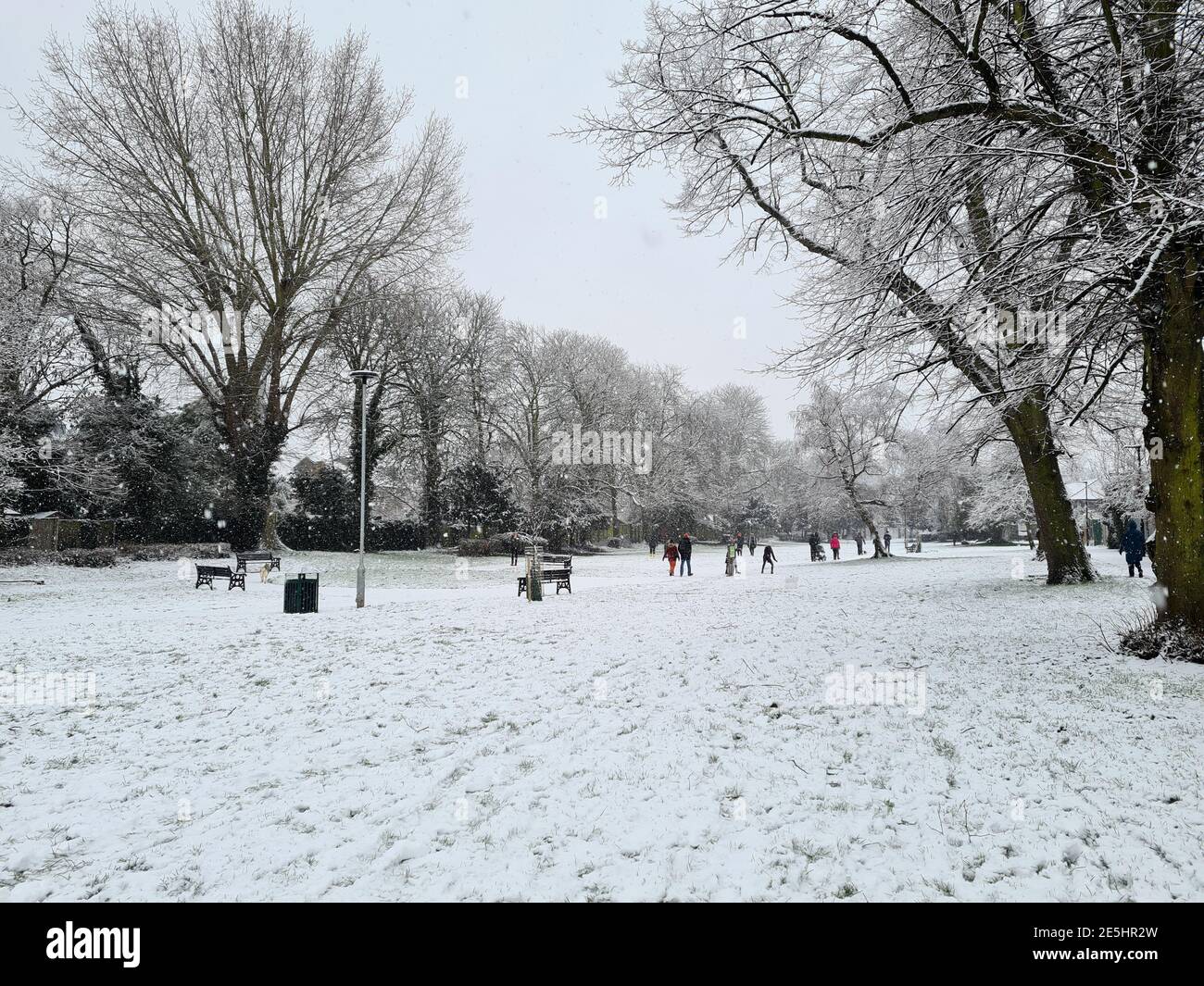 Paisaje nevado del parque suburbano de Londres Foto de stock