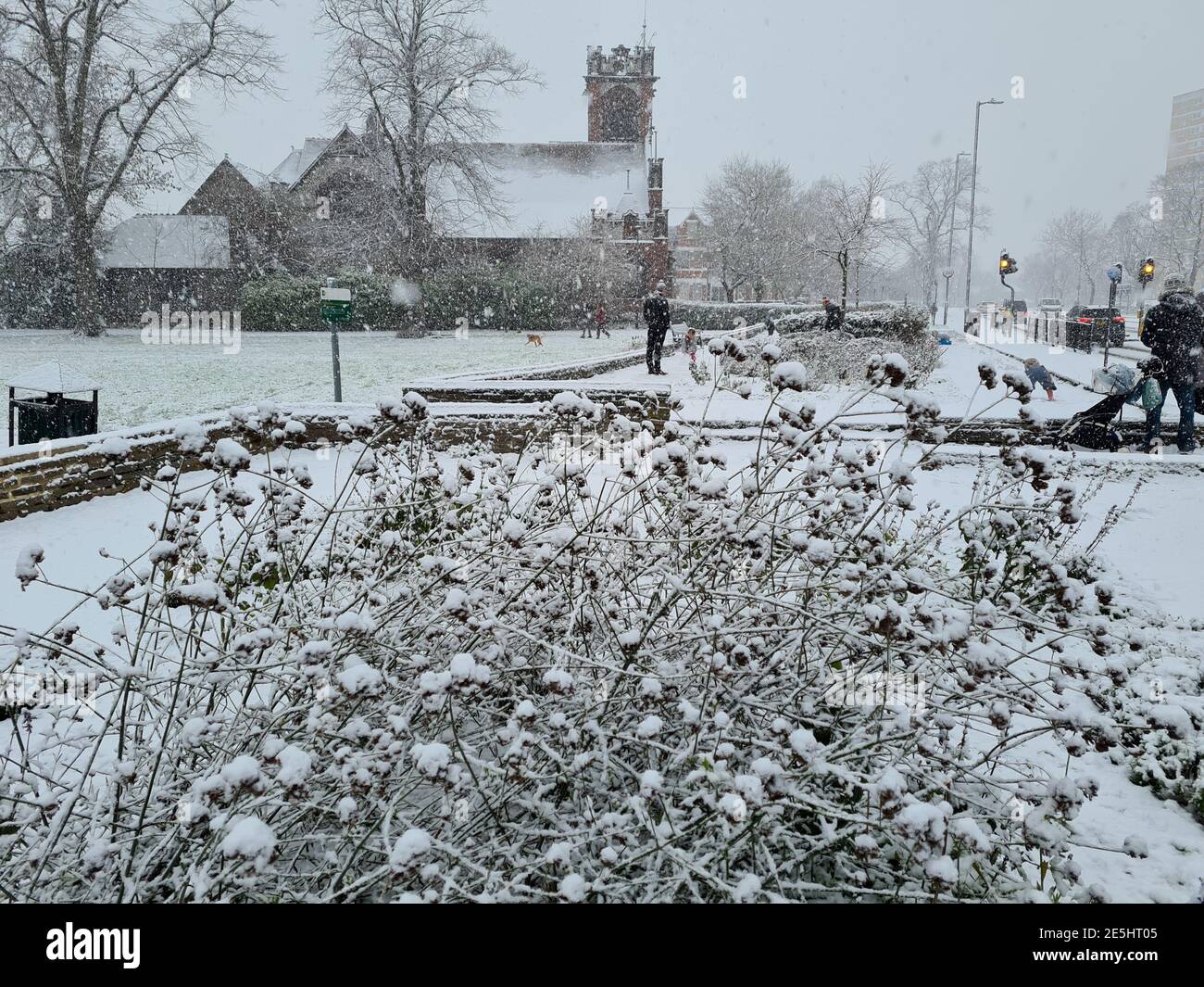 Paisaje nevado del parque suburbano de Londres Foto de stock