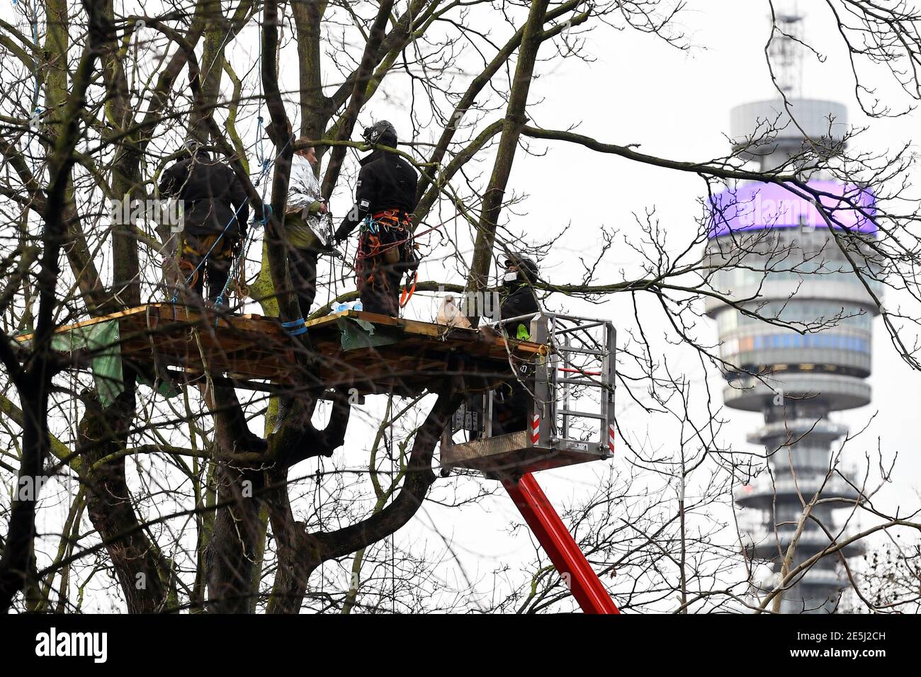 Los agentes de la policía usan un cereza para traer a un activista de la Rebelión de extinción desde un campamento improvisado en un árbol, ya que otros manifestantes ocupan túneles bajo Euston Square Gardens para protestar contra el ferrocarril de alta velocidad HS2, en Londres, Gran Bretaña 28 de enero de 2021. REUTERS/Toby Melville Foto de stock