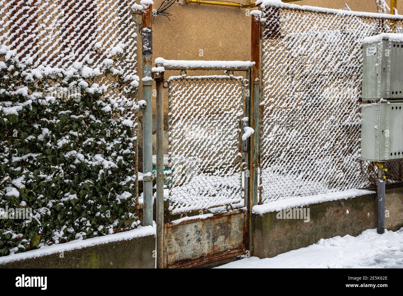 Puertas de hierro cubiertas de nieve, temporada de invierno. Nieve  perfectamente formada, ambiente nevado por la mañana Fotografía de stock -  Alamy