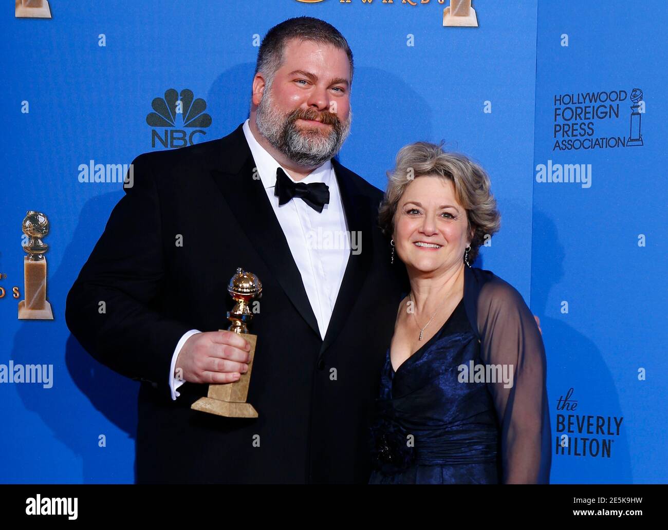 Director Dean Dubois And Producer Bonnie Arnold Pose Backstage After They Won The Award For Best Animated Feature Film For How To Train Your Dragon 2 At The 72nd Golden Globe Awards