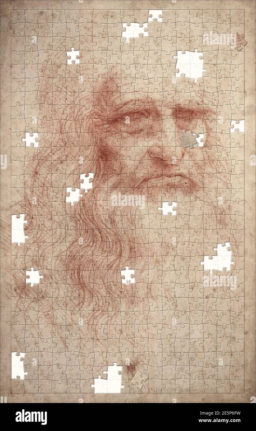 Rompecabezas de autorretrato Leonardo da Vinci con piezas que faltan Foto de stock