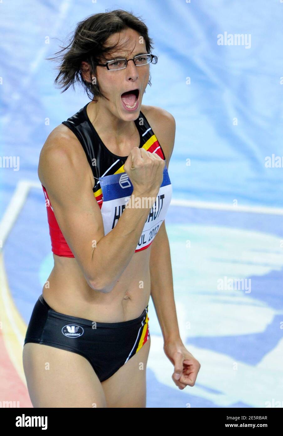 Tia Hellebaut of Belgium reacts during the women's high jump final during  the world indoor athletics championships at the Atakoy Athletics Arena in  Istanbul March 10, 2012. REUTERS/Dylan Martinez (TURKEY - Tags: